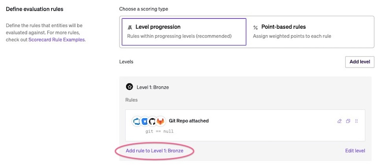 In a level titled &quot;Level 1: Bronze&quot; you can click &quot;Add rule to Level 1 Bronze&quot; in the lower left