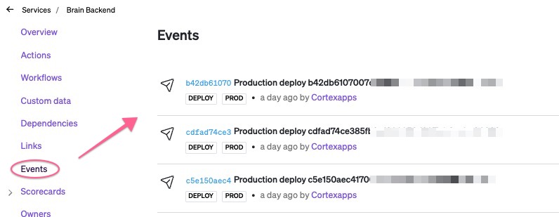 Deploy events are listed in the entity&#39;s Events page