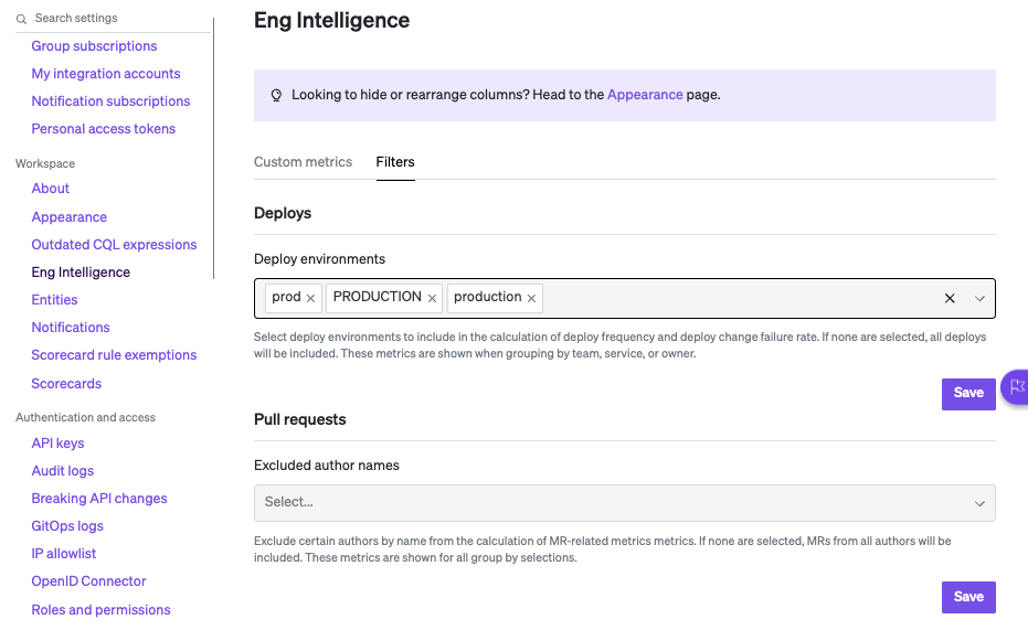 On the Filters page, set deploy environments and exclude pull request authors