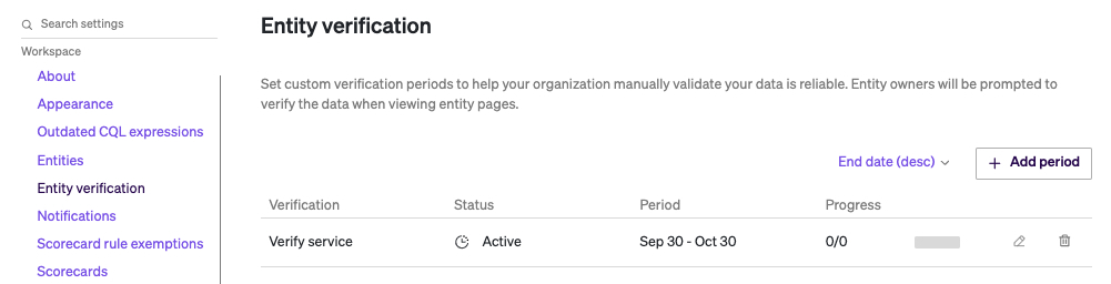 View the list of verifications in Entity Verification settings