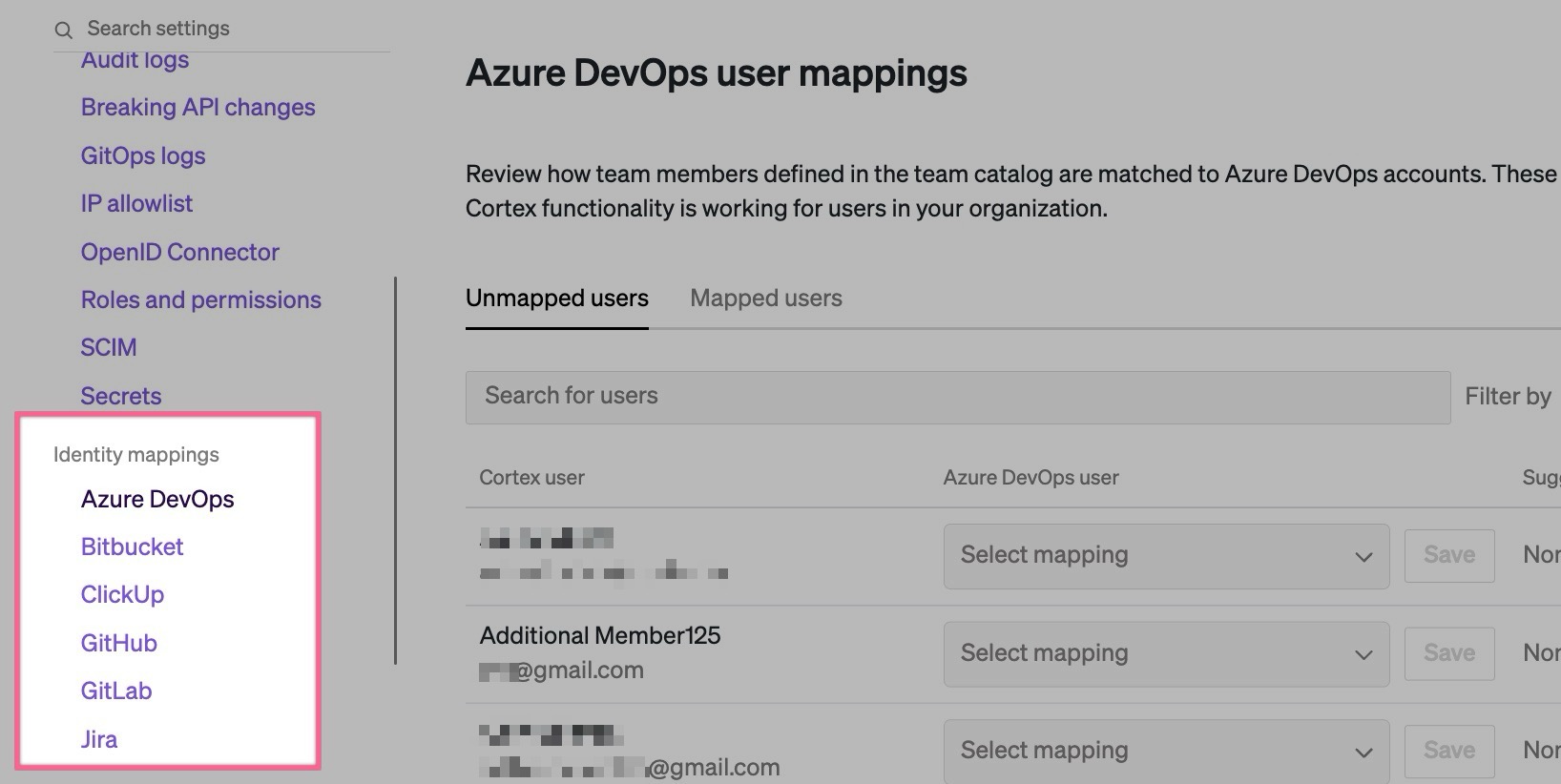 See specific identity mapping pages in the Cortex Settings