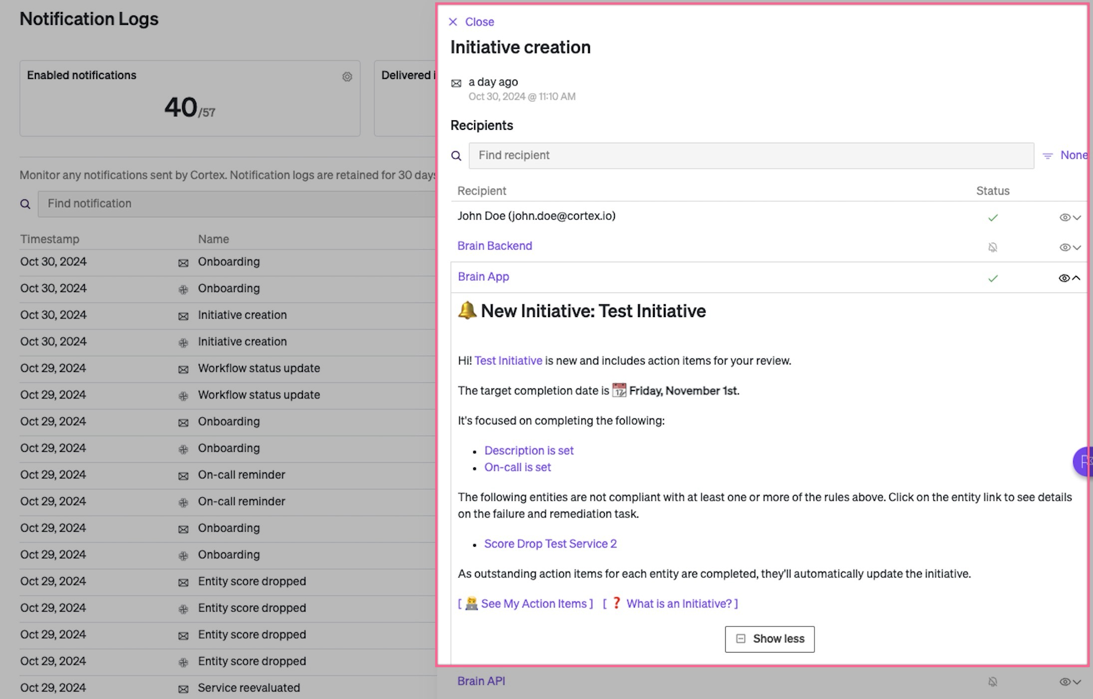 A side panel shows more details about the notification