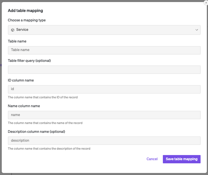 Configure the table mappings form